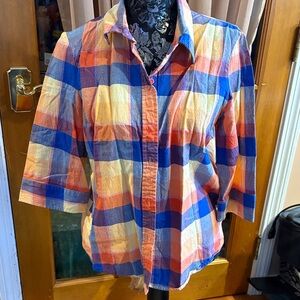 Blair Multicolor Plaid Button-down Shirt w/ 3/4 sleeves, M